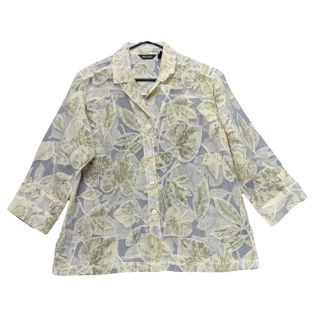 Multiples Sheer Leaf Print Plus Size Button Top 1x - image 1
